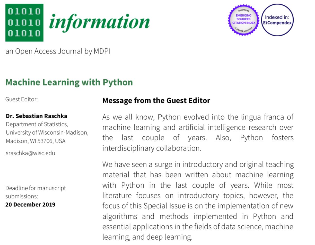 Guest editing a machine learning related special issue for the Information journal
