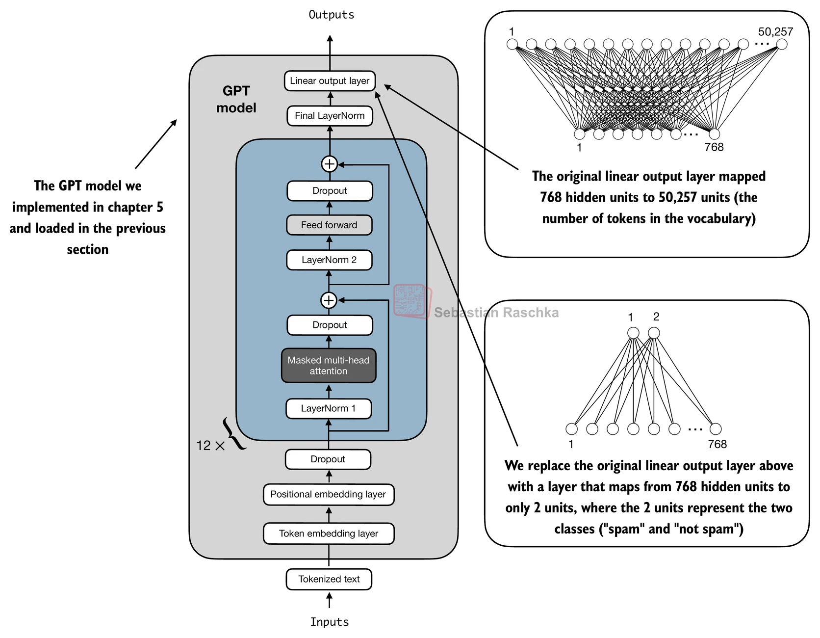 A pretrained GPT backbone can be adapted by replacing the original output head