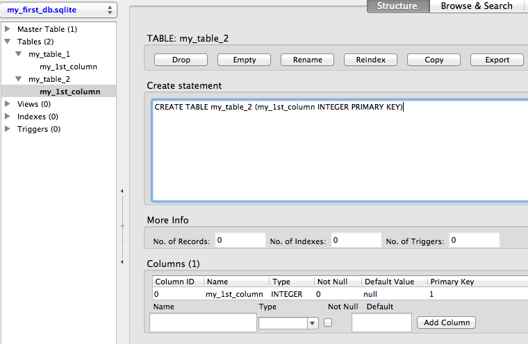 sqlite describe table