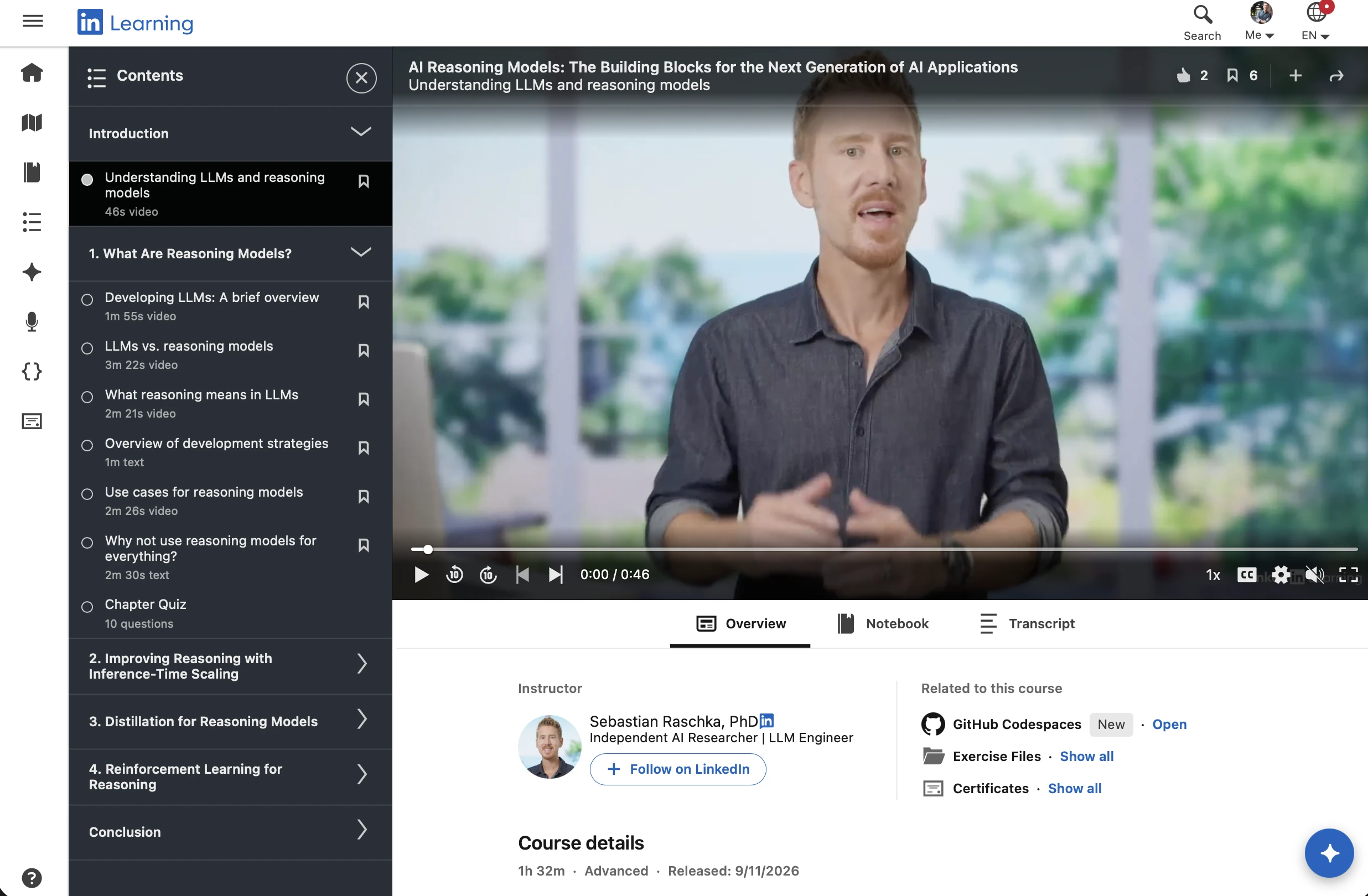 Sebastian Raschka presenting the AI Reasoning Models course on LinkedIn Learning, with the four-section course outline on the left